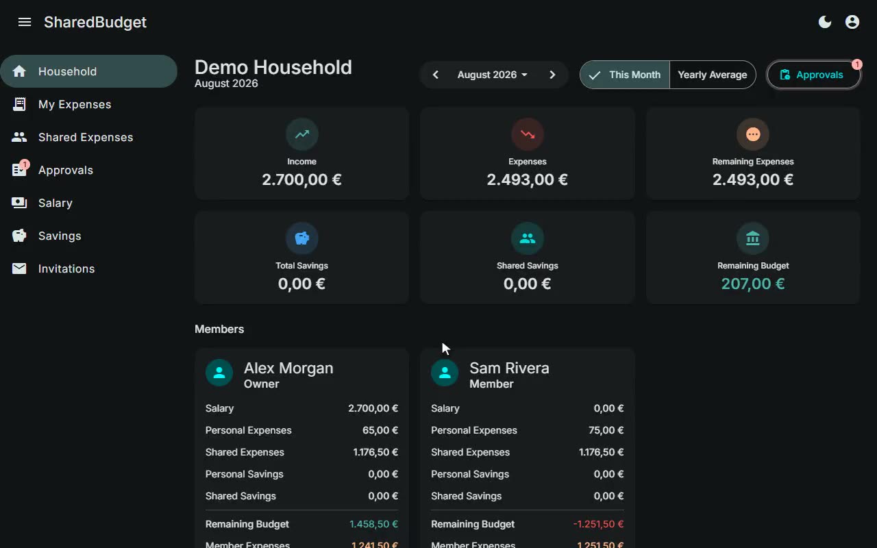 SharedBudget — Bildschirmaufnahme: Gehalt anpassen, Ausgabe anlegen, Dashboard rechnet neu