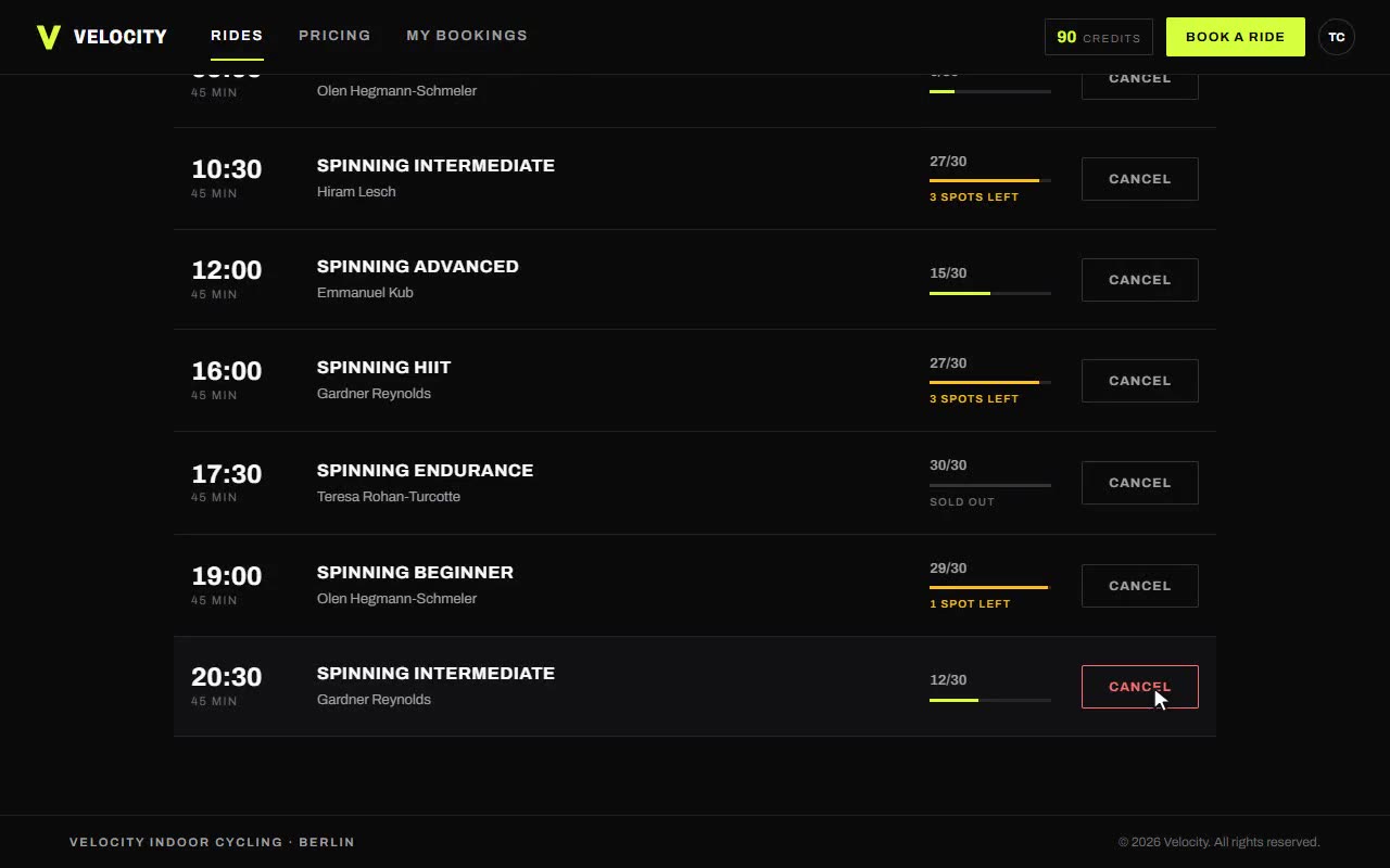 Velocity — Bildschirmaufnahme: Credits per Stripe kaufen und einen Kurs buchen